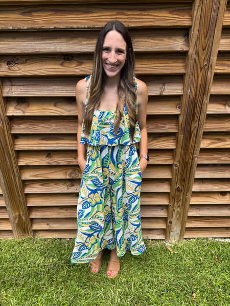 Feeling Blue-tiful and Green Ruffle Jumpsuit