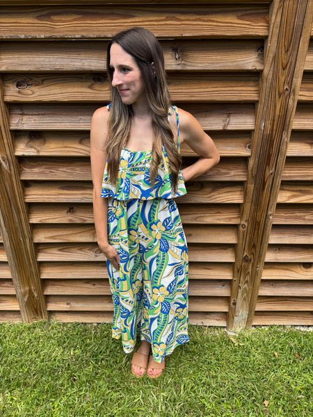 Feeling Blue-tiful and Green Ruffle Jumpsuit