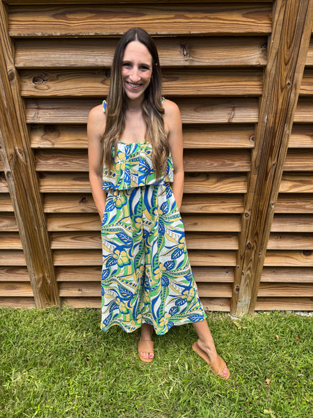 Feeling Blue-tiful and Green Ruffle Jumpsuit