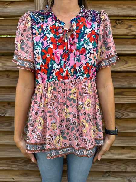 Smitten & Smocked Floral Mauve Blouse