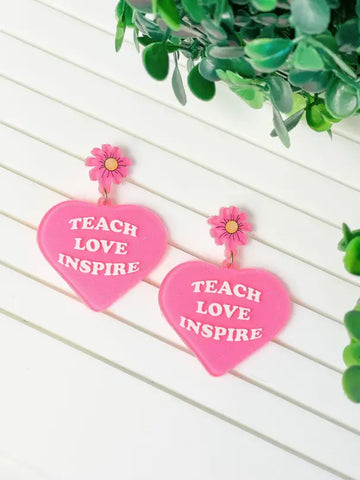 Teach Love Inspire Heart Dangle Earrings - Multiple Colors