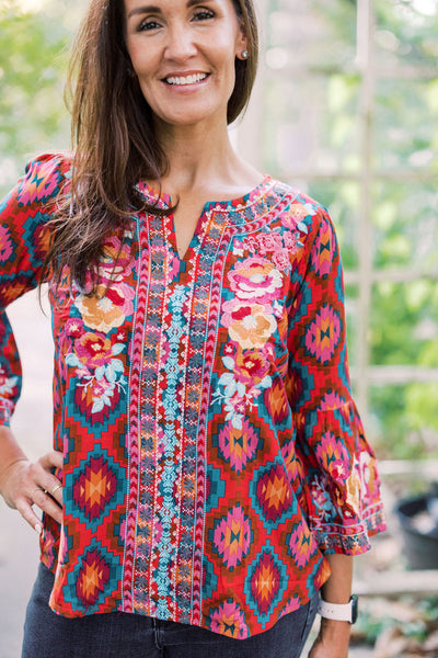 Reach For You Aztec Red & Teal Embroidered Blouse