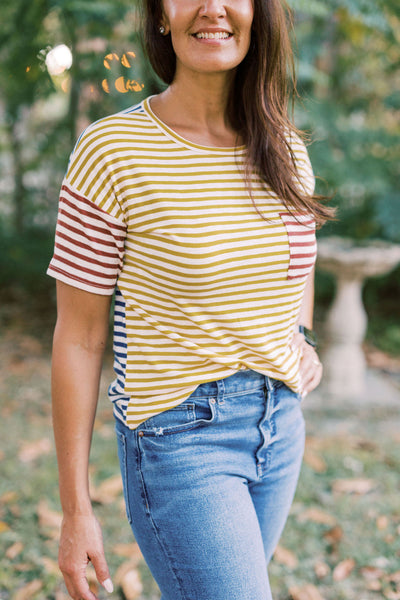 The Kailee Mix Color Block Tee - Mustard/Burgundy