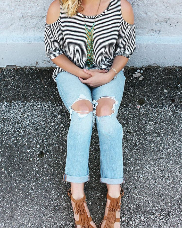Black & White Cold Shoulder Top
