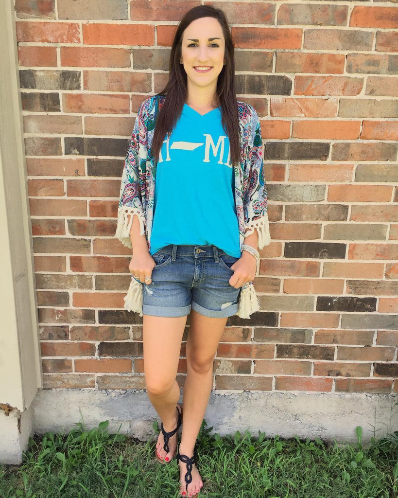 Paisley Print Kimono, TN Home State Tee, & Sunshine Denim Shorts