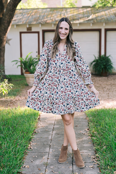 The Bree Oatmeal Floral Corduroy Dress