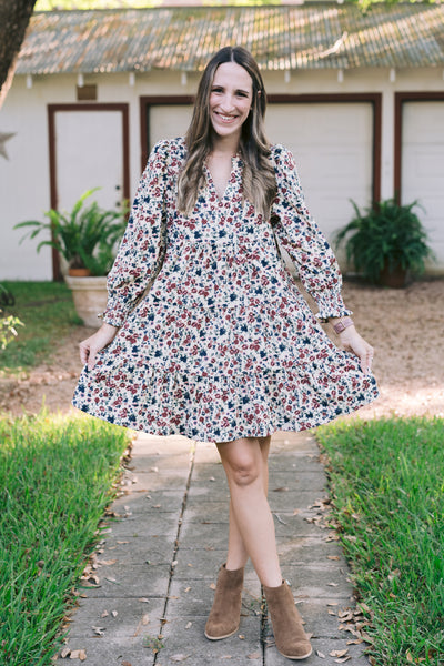 The Bree Oatmeal Floral Corduroy Dress