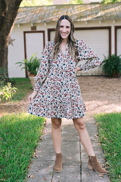 The Bree Oatmeal Floral Corduroy Dress