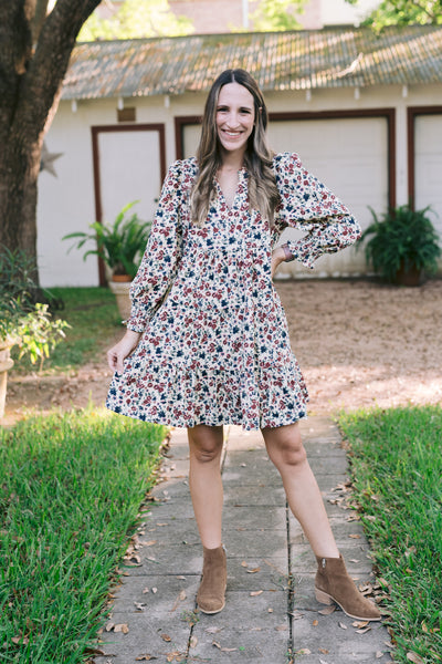 The Bree Oatmeal Floral Corduroy Dress
