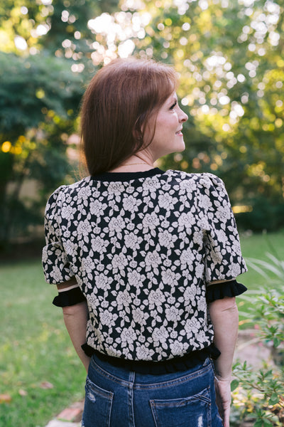 Black & Grey Rose Knit Short Sleeve Sweater Top