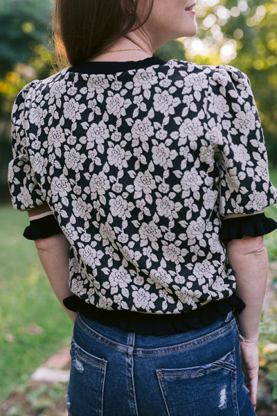 Black & Grey Rose Knit Short Sleeve Sweater Top