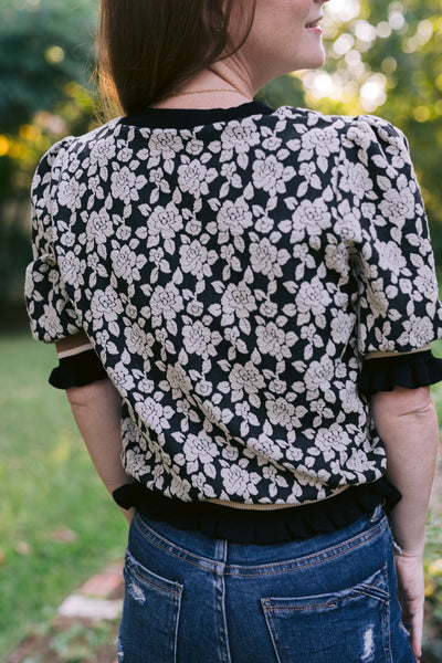 Black & Grey Rose Knit Short Sleeve Sweater Top