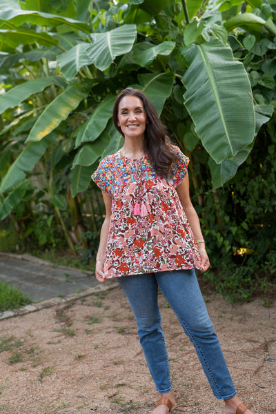 The Sarah Rust & Ivory Floral Embroidered Blouse