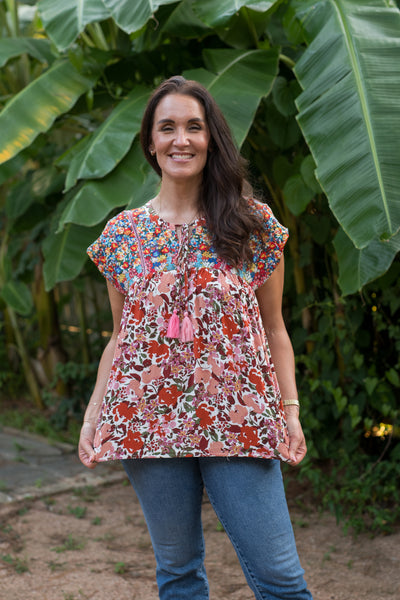 The Sarah Rust & Ivory Floral Embroidered Blouse