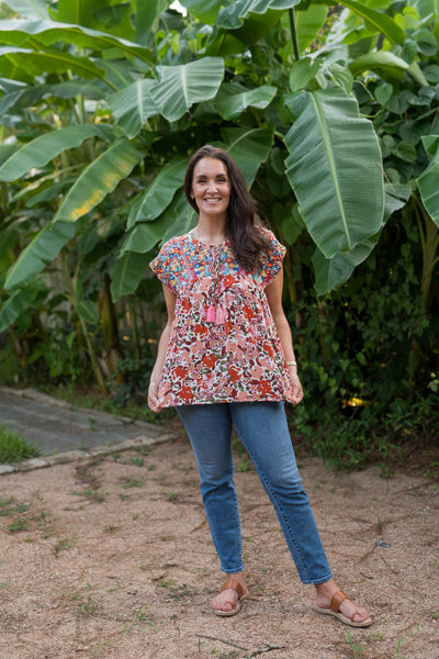 The Sarah Rust & Ivory Floral Embroidered Blouse