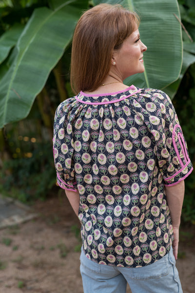 The Sarah Navy & Pink Floral Blouse