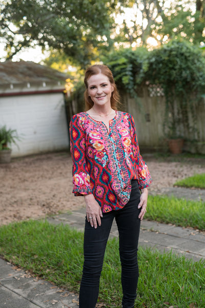 The Red & Teal Aztec Embroidered Blouse