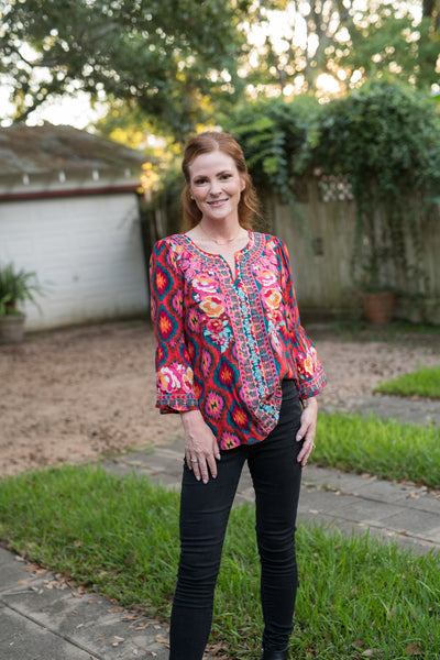 The Red & Teal Aztec Embroidered Blouse