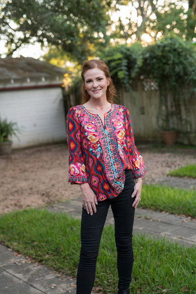 The Red & Teal Aztec Embroidered Blouse