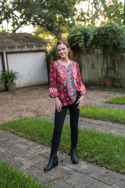 The Red & Teal Aztec Embroidered Blouse