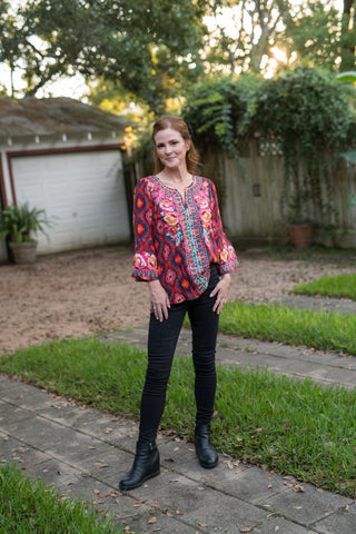 The Red & Teal Aztec Embroidered Blouse