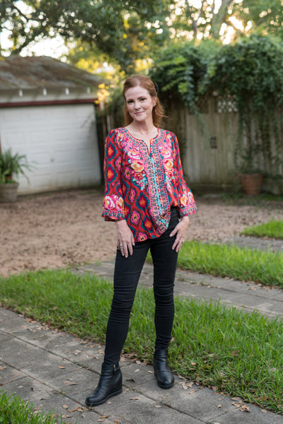 The Red & Teal Aztec Embroidered Blouse