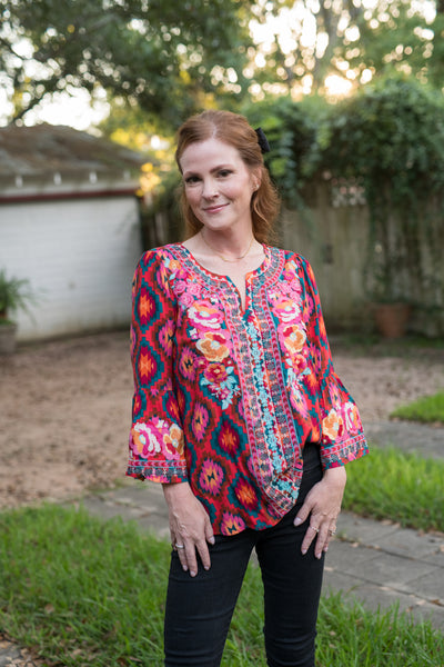 The Red & Teal Aztec Embroidered Blouse