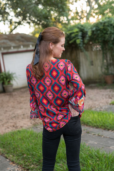 The Red & Teal Aztec Embroidered Blouse
