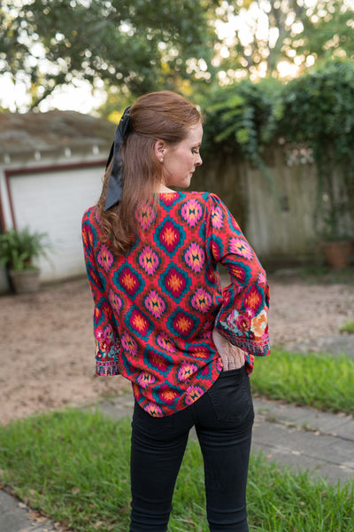 The Red & Teal Aztec Embroidered Blouse