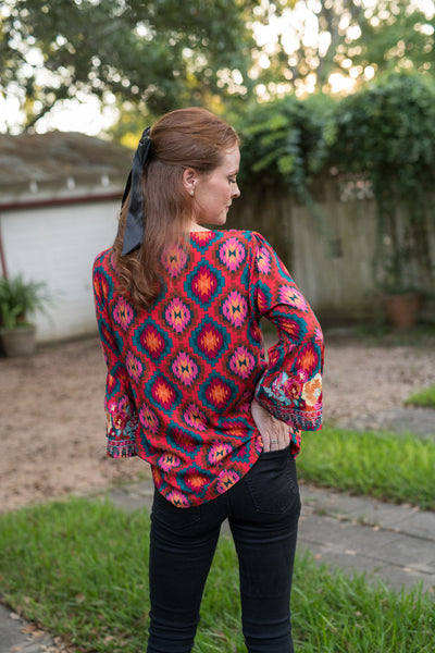 The Red & Teal Aztec Embroidered Blouse
