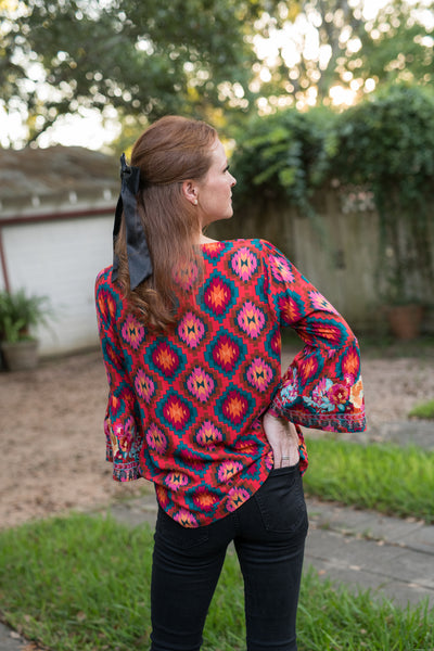 The Red & Teal Aztec Embroidered Blouse