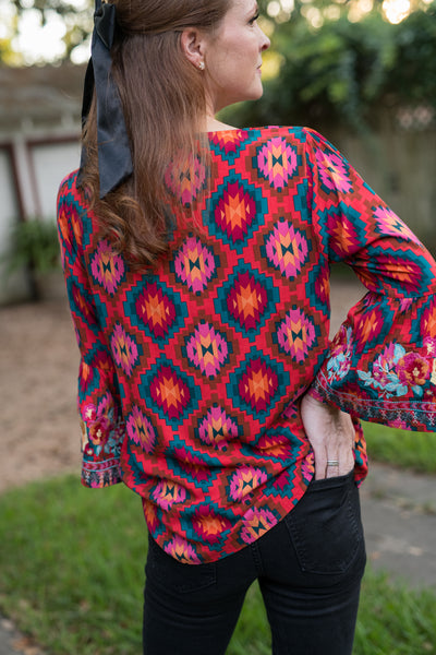 The Red & Teal Aztec Embroidered Blouse