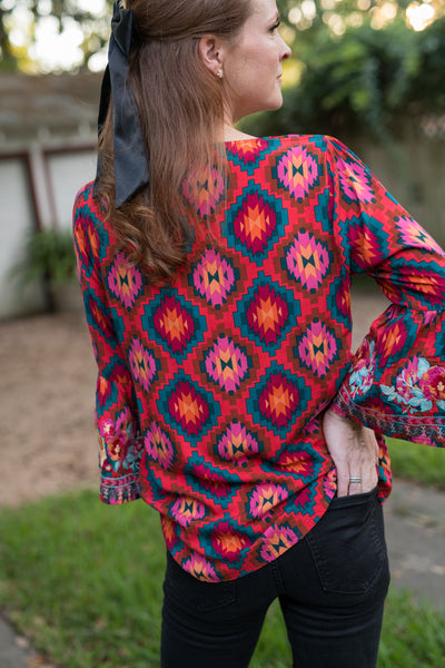The Red & Teal Aztec Embroidered Blouse