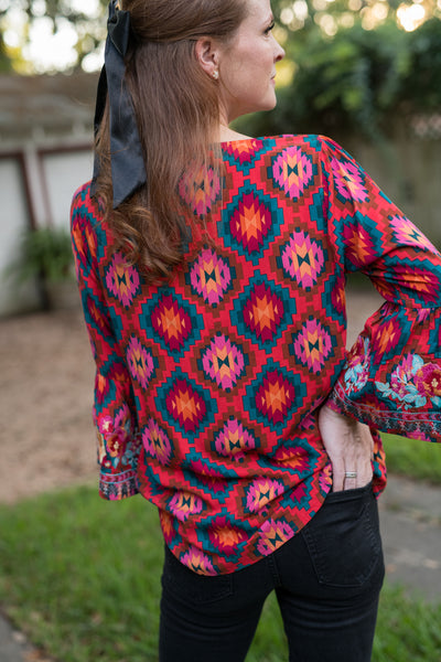 The Red & Teal Aztec Embroidered Blouse