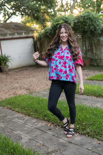 The Blue & Red Mix Floral Embroidered Blouse