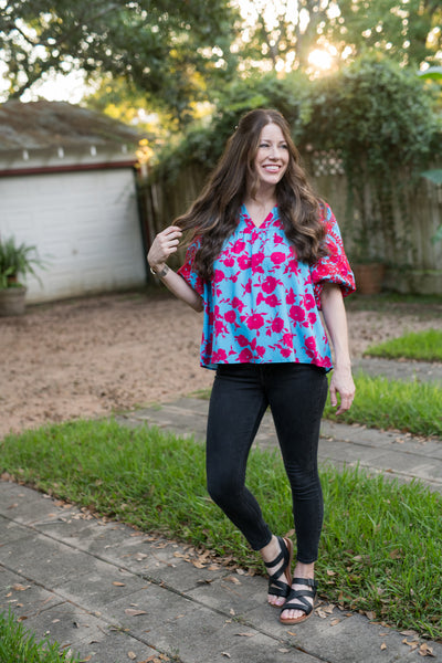 The Blue & Red Mix Floral Embroidered Blouse