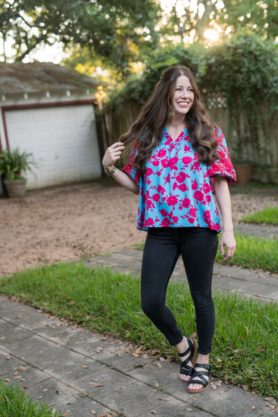 The Blue & Red Mix Floral Embroidered Blouse