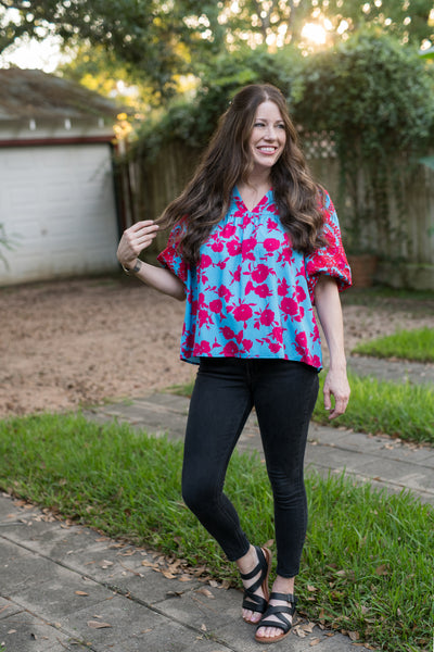 The Blue & Red Mix Floral Embroidered Blouse