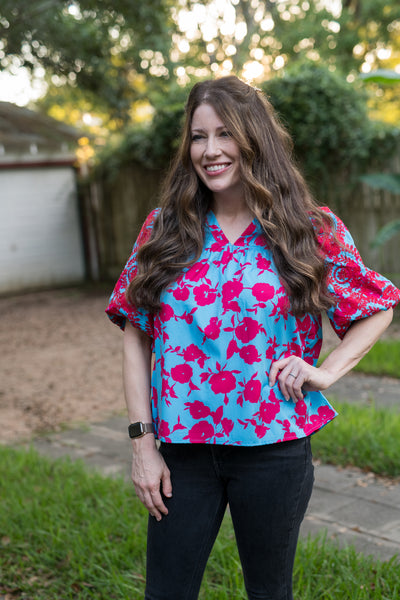 The Blue & Red Mix Floral Embroidered Blouse