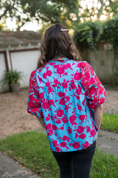 The Blue & Red Mix Floral Embroidered Blouse