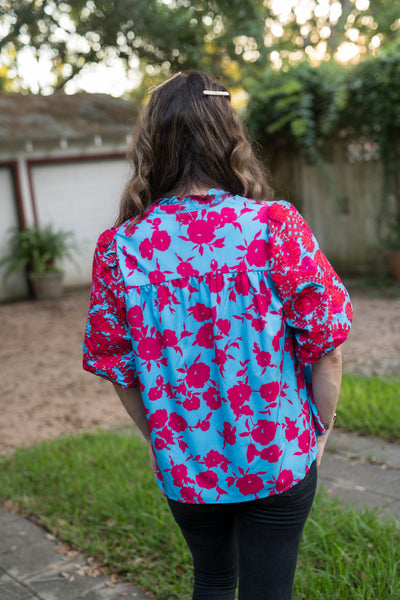 The Blue & Red Mix Floral Embroidered Blouse