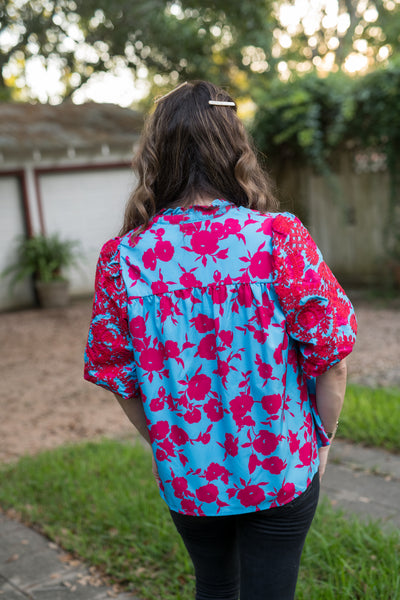The Blue & Red Mix Floral Embroidered Blouse