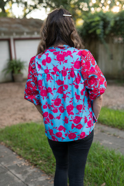 The Blue & Red Mix Floral Embroidered Blouse