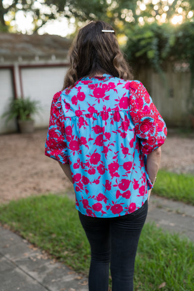 The Blue & Red Mix Floral Embroidered Blouse