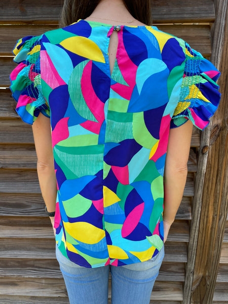 Nevada Navy Blue & Green Ruffled Blouse