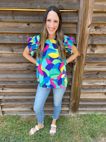Nevada Navy Blue & Green Ruffled Blouse