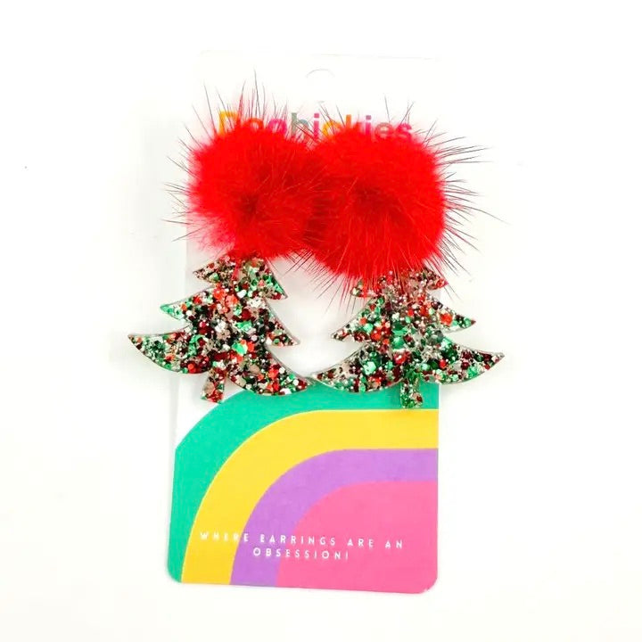 Red Pom Pom Christmas Glitter Tree Earrings