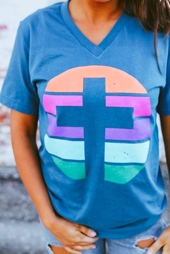 Rainbow Cross Dark Teal V-neck Tee
