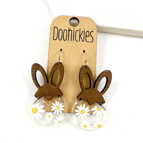Daisy & Wood Hatching Hares Dangle Earrings
