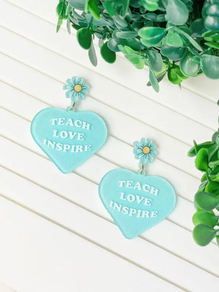 Teach Love Inspire Heart Dangle Earrings - Multiple Colors